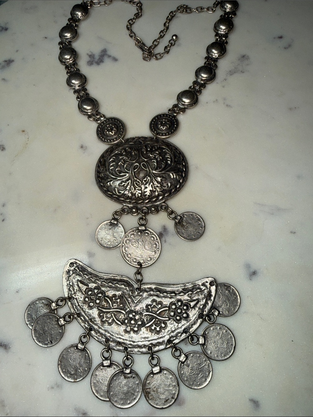 Antique-Style Silver Floral Coin Pendant Necklace - Women Jewelry